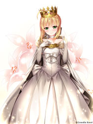 Rule 34 | 1girl, ahoge, artoria pendragon (all), artoria pendragon (fate), blonde hair, cape, crown, dress, elbow gloves, fate/stay night, fate (series), flower, gloves, grandia bing, green eyes, lily (flower), official alternate costume, saber (fate), solo, third-party source, white dress