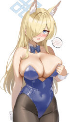 Rule 34 | 1girl, absurdres, alternate costume, animal ear fluff, animal ears, arm behind back, bare shoulders, black pantyhose, blonde hair, blue archive, blue bow, blue bowtie, blue eyes, blue halo, blue leotard, blush, bow, bowtie, breasts, cleavage, commentary request, covered navel, cowboy shot, detached collar, dog ears, hair over one eye, halo, highleg, highleg leotard, highres, kanna (blue archive), large breasts, legs together, leotard, long hair, looking at viewer, mahiro (mahiron1062), notched ear, one eye covered, open mouth, pantyhose, playboy bunny, sharp teeth, shiny skin, simple background, solo, spoken blush, standing, sweatdrop, teeth, upper teeth only, very long hair, white background, white wrist cuffs, wrist cuffs