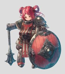 Rule 34 | 1girl, armor, boots, brown eyes, dwarf, full body, gauntlets, grey background, hair rings, kuroi susumu, mace, multicolored hair, official art, parted bangs, planted, red hair, shield, shoulder armor, simple background, smile, solo, standing, sword world, sword world 2.5, tabard, two-tone hair, weapon
