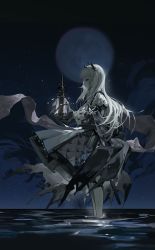 Rule 34 | 1girl, absurdres, arknights, black gloves, black jacket, cliuu u, closed mouth, from side, full moon, gloves, grey eyes, gun, head wings, highres, holding, holding lantern, horizon, irene (arknights), jacket, lantern, layered skirt, long hair, moon, night, night sky, ocean, outdoors, pantyhose, profile, purple skirt, scar, scar across eye, scar on face, sheath, sheathed, silver hair, skirt, sky, smile, solo, standing, sword, torn clothes, wading, water, weapon, white pantyhose, white skirt, wind, wings