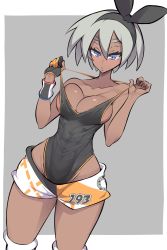 Rule 34 | 1girl, abs, adapted costume, alternate breast size, alternate costume, bea (pokemon), black one-piece swimsuit, blue eyes, blush, breasts, commentary request, cowboy shot, creatures (company), dark-skinned female, dark skin, game freak, gloves, grey hair, gym leader, hairband, highleg, highleg swimsuit, highres, nac000, nintendo, one-piece swimsuit, pokemon, pokemon swsh, short hair, shorts, solo, swimsuit, two-tone background