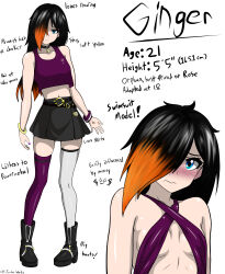 Rule 34 | absurdres, belt, black hair, blue eyes, boots, bracelet, breasts, character sheet, choker, cpt.tester works, embarrassed, full body, ginger (cpt.tester), goth fashion, hair over one eye, highres, jewelry, long hair, midriff peek, multicolored hair, orange hair, skirt, small breasts, swimsuit, thighhighs