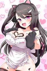 Rule 34 | 1girl, animal ears, animal hands, apron, azur lane, black hair, black thighhighs, blush, breast press, breasts, candy, cat ears, cat paws, cat tail, chocolate, chocolate heart, chocolate on body, chocolate on breasts, cleavage, fake animal ears, food, food on body, hair ornament, heart, houshi, large breasts, long hair, looking at viewer, official alternate costume, pamiat merkuria (azur lane), pamiat merkuria (mercurial chocolate love) (azur lane), pink hair, side ponytail, solo, tail, thighhighs, thighs, white apron
