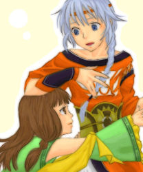 Rule 34 | 1boy, 1girl, :d, bare shoulders, blue eyes, braid, brown eyes, brown hair, detached sleeves, freyjadour falenas, gensou suikoden, gensou suikoden v, hair over shoulder, headband, height difference, long hair, long sleeves, lowres, lymsleia falenas, megimegi, open mouth, sash, silver hair, simple background, single braid, smile, tabard, yellow background