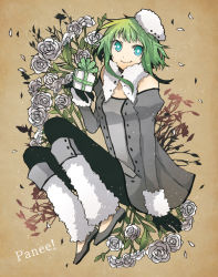 Rule 34 | 1girl, arm support, bad id, bad pixiv id, bare shoulders, blue eyes, buzz (moi), coat, flower, fur, fur hat, fur trim, gift, gloves, green hair, gumi, hat, holding, holding gift, leg warmers, petals, short hair, sitting, smile, solo, vocaloid, winter clothes