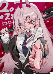 Rule 34 | 1girl, absurdres, baseball bat, black jacket, border, chainsaw man, character name, collared shirt, commentary, cross-shaped pupils, dated, demon horns, finger gun, foreshortening, grin, highres, holding, holding baseball bat, horns, jacket, long hair, long sleeves, looking at viewer, pink eyes, pink hair, power (chainsaw man), red background, shirt, sleeves past wrists, smile, solo, suit jacket, symbol-only commentary, symbol-shaped pupils, taowu (20809), upper body, white border, white shirt