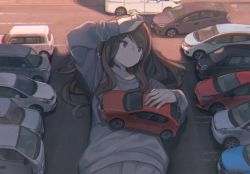 Rule 34 | 1girl, brown eyes, brown hair, car, chromatic aberration, expressionless, giant, giantess, grey shirt, hand up, holding, long hair, long sleeves, lying, motor vehicle, on back, original, parking lot, shade, shirt, size difference, solo, tomioka jirou, upper body
