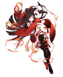 Rule 34 | 1girl, akira (ying), black hair, black thighhighs, highres, holding, holding sword, holding weapon, long hair, original, red eyes, red ribbon, ribbon, simple background, solo, sword, thighhighs, very long hair, weapon, white background