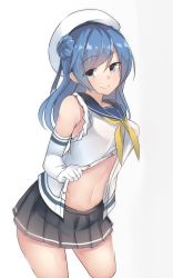 Rule 34 | 10s, 1girl, blue eyes, blue hair, blue skirt, blush, breasts, clothes pull, double bun, elbow gloves, gloves, hair bun, hat, highres, kantai collection, kure (kure ng), long hair, looking at viewer, medium breasts, midriff, navel, neckerchief, pleated skirt, sailor collar, shirt, shirt pull, simple background, sketch, skirt, sleeveless, sleeveless shirt, smile, solo, upper body, urakaze (kancolle), white background, white gloves, white hat, yellow neckerchief