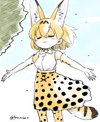 Rule 34 | 10s, 1girl, animal ears, artist name, bare shoulders, blonde hair, blouse, bow, bowtie, commentary, dress, elbow gloves, extra ears, gloves, hair between eyes, highres, kemono friends, outstretched arms, panzuban, print bow, print bowtie, print gloves, print neckwear, print skirt, serval (kemono friends), serval print, serval tail, shirt, short hair, skirt, sleeveless, sleeveless dress, sleeveless shirt, solo, spread arms, tail, twitter username, white shirt, wind