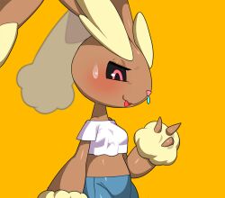 Rule 34 | 1girl, animal nose, arm at side, bare shoulders, black sclera, blue shorts, blurry, blush, body fur, breasts, brown fur, clothed pokemon, colored sclera, creatures (company), crop top, depth of field, drunkoak, female focus, from side, furry, furry female, game freak, gen 4 pokemon, half-closed eyes, hand up, looking down, lopunny, midriff, nintendo, off-shoulder shirt, off shoulder, open mouth, orange background, pink eyes, pokemon, pokemon (creature), rabbit ears, rabbit girl, shiny skin, shirt, short sleeves, shorts, simple background, small breasts, smile, snot, solo, standing, sweat, two-tone fur, upper body, wavy mouth, white shirt, yellow fur