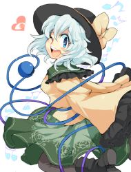 Rule 34 | 1girl, :d, black pantyhose, blue eyes, blush, boots, breasts, covered erect nipples, eyebrows, hat, heart, iroyopon, komeiji koishi, long sleeves, looking at viewer, musical note, one eye closed, open mouth, pantyhose, silver hair, skirt, smile, solo, third eye, touhou, wink