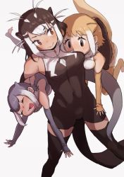 Rule 34 | 3girls, animal ears, bare shoulders, black one-piece swimsuit, blush, brown eyes, brown hair, brown one-piece swimsuit, carrying, carrying under arm, commentary request, elbow gloves, extra ears, frilled swimsuit, frills, fur collar, giant otter (kemono friends), gloves, grey hair, grey one-piece swimsuit, height difference, highres, japanese otter (kemono friends), kemono friends, light brown hair, multicolored hair, multiple girls, one-piece swimsuit, open mouth, otter ears, otter girl, otter tail, short hair, shuushuusha, sidelocks, simple background, sleeveless, small-clawed otter (kemono friends), swimsuit, tail, thighhighs, toeless legwear, turtleneck, turtleneck one-piece swimsuit, two-tone hair, two-tone swimsuit, white background, white one-piece swimsuit, zettai ryouiki