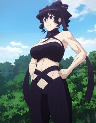 Rule 34 | 1girl, absurdres, black hair, breasts, cleavage, hands on own hips, highres, kagami kanaka, large breasts, long hair, muscular, muscular female, navel, outdoors, ponytail, purple eyes, screencap, smile, solo, stitched, third-party edit, toned, tsugumomo, wavy hair