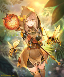 Rule 34 | 1girl, armor, breasts, brown eyes, brown gloves, brown hair, dress, dutch angle, gloves, highres, holding, holding staff, hood, hood up, kouyafu, looking at viewer, medium breasts, shadowverse, short hair, shoulder armor, solo, staff, thighhighs, wasp