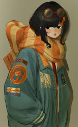 Rule 34 | 1girl, asymmetrical bangs, black hair, blue jacket, brown background, chestnut mouth, eyewear on head, fang, glasses, hair ornament, hairclip, half-closed eyes, hands in pockets, highres, jacket, long sleeves, medium hair, necktie, no pupils, orange scarf, original, patch, red eyewear, red necktie, sanpaku, scarf, shisyamo1nora, simple background, skin fang, solo, two-tone scarf, undershirt, yellow scarf