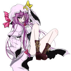 Rule 34 | 1girl, bow, crescent, female focus, hat, long hair, patchouli knowledge, pink bow, purple hair, solo, takaharu, touhou