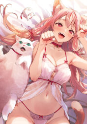 1girl :d animal animal_ear_fluff animal_ears babydoll bare_arms bare_shoulders bed_sheet bell bow bow_panties breasts cat cat_ears cat_girl cat_tail choker cleavage collarbone commentary_request fangs groin hands_up highres jingle_bell large_breasts long_hair multicolored_hair nail_polish navel neck_bell open_mouth original panties paw_pose pink_hair red_choker red_eyes red_hair red_nails smile solo streaked_hair tail tomozero underwear underwear_only very_long_hair white_cat white_panties