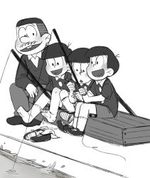 Rule 34 | 4boys, box, brothers, child, facial hair, father and son, fishing, greyscale, heart, heart in mouth, highres, male focus, matsuno matsuzou, monochrome, multiple boys, mustache, narpoodles, osomatsu-kun, shoes, unworn shoes, short sleeves, shorts, siblings, sitting, smile, wet