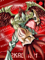 Rule 34 | arkadimon perfect, armor, claws, digimon, digimon (creature), horns, lowres, official art, red eyes, red hair, short hair, solo, tentacles, wings