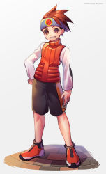 Rule 34 | 1boy, absurdres, arm at side, artist name, battle chip, black shorts, blue headband, brown footwear, brown hair, brown vest, clenched hand, commentary request, dated, full body, grey background, hand on own hip, headband, highres, holding, lan hikari (mega man), long sleeves, looking at viewer, male focus, mega man (series), mega man battle network, mega man battle network (series), shirt, shoes, short hair, shorts, simple background, smile, sneakers, solo, spiked hair, standing, turtleneck, twitter username, vest, white shirt, zero-go