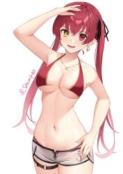 Rule 34 | 1girl, absurdres, arm up, bikini, bikini under clothes, breasts, cleavage, cowboy shot, dolphin shorts, earrings, fangs, hair ribbon, hand on own head, heart, heart earrings, heart necklace, heterochromia, highres, hololive, houshou marine, houshou marine (summer), jewelry, large breasts, long hair, navel, necklace, open mouth, red bikini, red eyes, red hair, ribbon, shorts, simple background, smile, solo, swimsuit, tamatabe, twintails, twitter username, virtual youtuber, wet, white background, yellow eyes