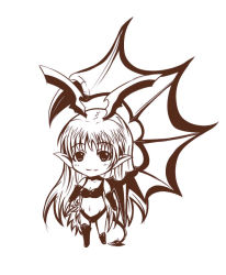 Rule 34 | 1girl, asymmetrical clothes, bikini, breasts, chibi, cleavage, demon girl, elbow gloves, female focus, gloves, long hair, lord of vermilion, monochrome, navel, pointy ears, simple background, single wing, smile, solo, succubus (lord of vermilion), swimsuit, tail, white background, wings