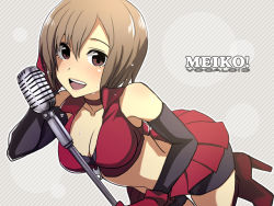 Rule 34 | 1girl, 8931ponzu, bad id, bad pixiv id, blush, breasts, brown eyes, brown hair, character name, cleavage, crop top, elbow gloves, gloves, looking at viewer, meiko (vocaloid), microphone, microphone stand, midriff, open mouth, short hair, smile, solo, vintage microphone, vocaloid