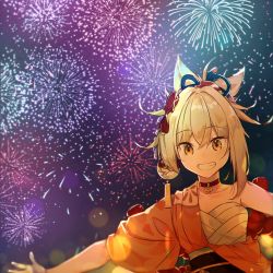 Rule 34 | 1girl, bad id, bad twitter id, bandages, bare shoulders, blonde hair, blurry, choker, depth of field, fireworks, genshin impact, hair between eyes, hair ornament, highres, japanese clothes, jeanbeansprout, kimono, looking at viewer, night, night sky, orange kimono, outstretched arms, sarashi, sky, smile, solo, spread arms, tattoo, upper body, yellow eyes, yoimiya (genshin impact)