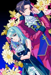 Rule 34 | 1boy, 1girl, ;), absurdres, ace attorney, ace attorney investigations, ascot, black gloves, blue eyes, blue hair, brooch, brown eyes, brown hair, child, crossed arms, floral background, formal, franziska von karma, gloves, hand up, highres, jewelry, light blue hair, long sleeves, miles edgeworth, one eye closed, oshaberi usagi, parted bangs, red suit, sleeveless, smile, suit