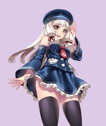 Rule 34 | 10s, 1girl, alternate costume, bare shoulders, black thighhighs, blunt bangs, blush, breasts, buttons, commentary request, detached sleeves, eyebrows, frilled skirt, frills, from below, grey eyes, hair ribbon, hat, hiememiko, kantai collection, long hair, looking at viewer, murakumo (kancolle), necktie, open mouth, pink background, ribbon, salute, school uniform, serafuku, silver hair, simple background, skirt, small breasts, solo, thighhighs, tress ribbon, wargaming japan, world of warships