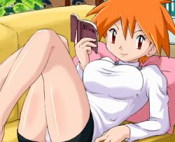 Rule 34 | 1girl, alternate color, book, breasts, bridgette, brigette (pokemon), clothes lift, couch, creatures (company), game freak, holding, holding book, large breasts, lowres, lying, miniskirt, nintendo, open book, orange hair, panties, pantyshot, pillow, pokemoa, pokemon, red eyes, short hair, skirt, skirt lift, solo, thighs, underwear, upskirt