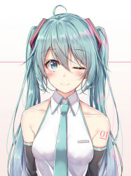 Rule 34 | 1girl, ;), akira (been0328), bad id, bad pixiv id, bare shoulders, black sleeves, blush, breasts, closed mouth, collarbone, collared shirt, commentary, detached sleeves, gradient background, green eyes, green hair, green necktie, grey background, hair between eyes, hair ornament, hatsune miku, long hair, medium breasts, necktie, one eye closed, shirt, sleeveless, sleeveless shirt, smile, solo, twintails, upper body, very long hair, vocaloid, white background, white shirt