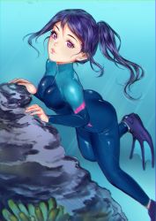 Rule 34 | 10s, 1girl, against rock, ariatsuki, ass, beads, blue bodysuit, blue hair, bodysuit, breasts, cleavage, closed mouth, coral, day, diving suit, flippers, floating hair, freediving, from side, full body, high ponytail, highres, leaning forward, leg lift, lips, long hair, looking at viewer, love live!, love live! school idol festival, love live! sunshine!!, matsuura kanan, medium breasts, open clothes, outdoors, parted bangs, ponytail, purple eyes, rock, sidelocks, skin tight, solo, swept bangs, underwater, water, wetsuit