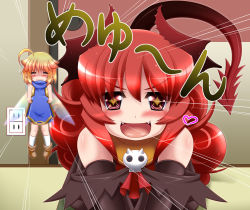 Rule 34 | + +, 2girls, ahoge, blonde hair, blush, borrowed character, crossover, demon girl, demon horns, demon tail, elbow gloves, emphasis lines, fairy, fairy wings, fangs, flat chest, gloves, horns, long hair, maou beluzel, meyuu (kso), mini person, minigirl, miso panda, multiple girls, open mouth, original, pigeon-toed, pointy ears, red eyes, red hair, smile, socks, tail, v arms, wings, yuusha to maou
