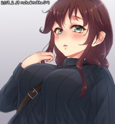 Rule 34 | 1girl, between breasts, black sweater, blush, breasts, brown hair, gradient background, green eyes, highres, kantai collection, large breasts, long hair, noshiro (kancolle), nuka (nvkka), one-hour drawing challenge, open mouth, solo, strap between breasts, sweatdrop, sweater
