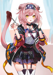 Rule 34 | 1girl, :d, animal ears, arknights, black hairband, black jacket, black skirt, blue bow, blurry, blurry background, bow, braid, breasts, cat ears, cat girl, cat tail, commentary request, curtains, day, depth of field, frilled skirt, frills, garter straps, goldenglow (arknights), hair bow, hair over shoulder, hairband, hands up, highres, holding, holding scissors, jacket, lightning bolt print, long hair, long sleeves, looking at viewer, nima (niru54), open clothes, open jacket, open mouth, pink hair, puffy long sleeves, puffy sleeves, scissors, shirt, single braid, skirt, small breasts, smile, solo, sunlight, tail, tail raised, thighhighs, white shirt, white thighhighs, window, yellow eyes