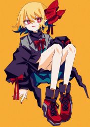Rule 34 | + +, 1girl, alternate costume, bad id, bad twitter id, black jacket, blonde hair, bow, bowtie, casual, collared shirt, commentary request, contemporary, cross-laced footwear, full body, grey shirt, hair ribbon, high tops, highres, jacket, knees up, long sleeves, looking at viewer, medium hair, nail polish, open mouth, pointy ears, red bow, red bowtie, red eyes, red footwear, red nails, red ribbon, ribbon, rumia, shirt, shoes, simple background, smile, sneakers, solo, streetwear, touhou, tsumaseu, yellow background