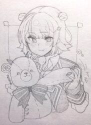 Rule 34 | 1girl, :3, blazer, blush, bow, bowtie, cevio, collared shirt, commentary request, cropped torso, double bun, flipped hair, flower (symbol), graphite (medium), greyscale, hair bun, hair ornament, hairclip, hand up, highres, holding, holding stuffed toy, jacket, koharu rikka, lakiston, long sleeves, looking at viewer, monochrome, open clothes, open jacket, school uniform, shirt, short hair, simple background, solo, stuffed animal, stuffed toy, synthesizer v, teddy bear, toriniku29, traditional media, upper body