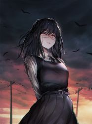 Rule 34 | 1girl, arms behind back, bad id, bad pixiv id, belt, belt buckle, bird, black hair, black vest, buckle, chainsaw man, cloud, cloudy sky, collared shirt, facial scar, grey skirt, highres, long hair, looking at viewer, looking down, miniskirt, non porn, nunsori, pleated skirt, scar, scar on cheek, scar on face, shirt, skirt, sky, solo, straight hair, vest, white shirt, wing collar, yellow eyes, yoru (chainsaw man)