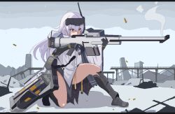 Rule 34 | 1girl, aiming, anti-materiel rifle, armored boots, boots, cloak, cloud, cloudy sky, dog tags, full body, goddess of victory: nikke, gun, headgear, highres, long hair, looking ahead, mecha musume, mechanical arms, on one knee, outdoors, pixel art, rifle, ruins, sealssugiyama, shell casing, single mechanical arm, sky, smoke, smoking barrel, sniper rifle, snow white (nikke), solo, visor (armor), weapon, white cloak, white hair, yellow eyes