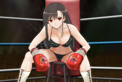 Rule 34 | 1girl, akabeko207, bikini, blush, boots, boxing, boxing gloves, boxing ring, breasts, brown hair, cameltoe, cleavage, final fantasy, final fantasy vii, heavy breathing, large breasts, long hair, looking at viewer, low-tied long hair, midriff, navel, parted lips, red eyes, sitting, smile, solo, spread legs, steam, steaming body, sweat, swimsuit, tifa lockhart, underwear