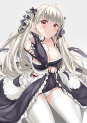 Rule 34 | 1girl, ahoge, ascot, azur lane, black nails, blush, breasts, bridal gauntlets, choker, cleavage, clothes lift, commentary request, corset, dress, dress lift, feet out of frame, formidable (azur lane), frilled dress, frills, garter straps, gothic lolita, hair ribbon, highres, large breasts, lifting own clothes, lolita fashion, nail polish, oyukikeiho, panties, platinum blonde hair, red eyes, ribbon, seiza, sitting, skirt, skirt lift, solo, thighhighs, twintails, two-tone ribbon, underwear, wavy mouth, white panties, white thighhighs