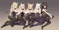 Rule 34 | 5girls, absurdres, animal ears, areola slip, arknights, ass, aunt and niece, barefoot, black hair, black headwear, black leotard, black pantyhose, blemishine (arknights), blonde hair, blush, bow, bowtie, breasts, commentary, detached collar, highres, horse ears, horse girl, horse tail, large breasts, leotard, looking at viewer, meteor (arknights), multiple girls, nearl (arknights), one eye closed, open mouth, pantyhose, platinum (arknights), playboy bunny, siblings, sisters, smile, soles, strapless, tail, thighs, tierla, toes, whislash (arknights), white hair, wrist cuffs