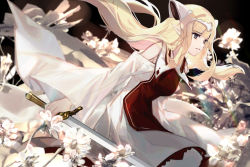 Rule 34 | 1girl, blonde hair, blurry, blurry background, braid, dark background, detached sleeves, falia the queen of the mountains, flower, grey eyes, headpiece, highres, long hair, pixiv fantasia, pixiv fantasia last saga, pointy ears, skade, solo, standing, sword, twin braids, very long hair, weapon, white flower