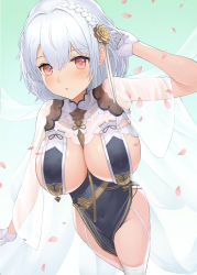 Rule 34 | 1girl, azur lane, bad id, bad pixiv id, blush, braid, breast curtains, breasts, china dress, chinese clothes, cleavage, covered navel, dress, flower, garter straps, gloves, gradient background, green background, grey dress, hair between eyes, hair flower, hair ornament, half gloves, hand in own hair, large breasts, looking at viewer, mokyumokyuchan, neckwear between breasts, open mouth, pelvic curtain, petals, red eyes, revealing clothes, see-through, short hair, side braid, sideboob, sirius (azur lane), sirius (azure horizons) (azur lane), solo, thighhighs, thighs, white gloves, white hair, white thighhighs