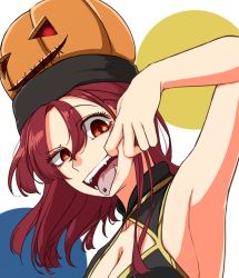 Rule 34 | 1girl, alternate costume, armpits, breasts, china dress, chinese clothes, cleavage, cleavage cutout, clothing cutout, commentary, dress, fangs, finger in own mouth, halloween, hecatia lapislazuli, jack-o&#039;-lantern, looking at viewer, mouth pull, open mouth, ozu (agito100001), piercing, pumpkin hat, raised eyebrow, red eyes, red hair, solo, tongue, tongue out, tongue piercing, touhou, uneven eyes, white background