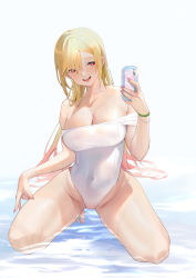 Rule 34 | 1girl, absurdres, bare shoulders, barefoot, bead bracelet, beads, blonde hair, bracelet, breasts, cameltoe, cleavage, covered navel, ear piercing, earrings, gradient hair, hair between eyes, hand on own thigh, highleg, highleg swimsuit, highres, holding, holding phone, jewelry, kitagawa marin, kneeling, large breasts, long hair, looking at phone, looking to the side, multicolored hair, nail polish, off shoulder, one-piece swimsuit, open mouth, partially submerged, phone, piercing, pink hair, pink nails, red eyes, ring, smile, solo, sono bisque doll wa koi wo suru, swept bangs, swimsuit, teeth, thick thighs, thighs, toenail polish, toenails, toes, upper teeth only, water, wet, wet clothes, wet hair, wet swimsuit, white one-piece swimsuit, wudiyuzhouxiaohuanxiong