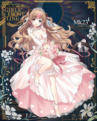 Rule 34 | 1girl, blue eyes, blush, bouquet, breasts, bridal garter, bridal veil, brown hair, character name, cleavage, dress, earrings, fang, flower, full body, girls&#039; frontline, gloves, hair ornament, heart, heart earrings, heterochromia, high heels, holding, holding bouquet, jewelry, layered dress, leg up, long hair, looking at viewer, medium breasts, mk23 (conveyed feelings) (girls&#039; frontline), mk23 (girls&#039; frontline), multicolored hair, official alternate costume, official art, open mouth, pink dress, pink flower, pink ribbon, pink rose, red eyes, ribbon, rose, sheska xue, smile, solo, strapless, strapless dress, streaked hair, tiara, veil, wedding dress, white dress, white footwear, white gloves