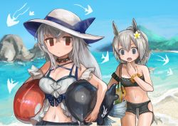 Rule 34 | 2girls, absurdres, ahoge, animal ears, arknights, bag, bare shoulders, beach, bikini, black bikini, black choker, blue bow, blue sky, bow, bracelet, breasts, buchi0122, carrying, carrying under arm, choker, cleavage, collar, collarbone, commentary, day, grani (arknights), hair between eyes, handbag, highres, hip vent, horse ears, horse girl, infection monitor (arknights), inflatable orca, inflatable toy, jewelry, long hair, medium breasts, multiple girls, navel, off-shoulder shirt, off shoulder, official alternate costume, open mouth, outdoors, ponytail, purple eyes, red eyes, shirt, silver hair, skadi (arknights), skadi (waverider) (arknights), sky, stomach, swimsuit